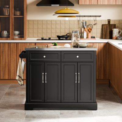 SoBuy FKW71-III-SCH Îlot de Cuisine Mobile avec Plan Inox Extensible 46–71 cm – 2 Tiroirs, Étagères Réglables, Noir