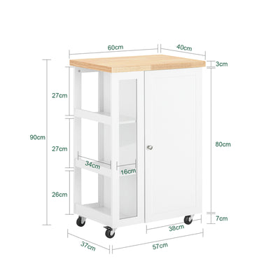 SoBuy FKW75-WN Desserte de Cuisine à Roulettes avec Placard et Étagère Latérale 3 Niveaux – Blanc/Naturel, 60 × 40 × 92 cm