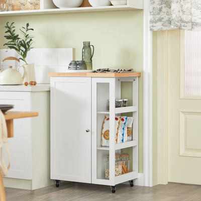 SoBuy FKW75-WN Desserte de Cuisine à Roulettes avec Placard et Étagère Latérale 3 Niveaux – Blanc/Naturel, 60 × 40 × 92 cm