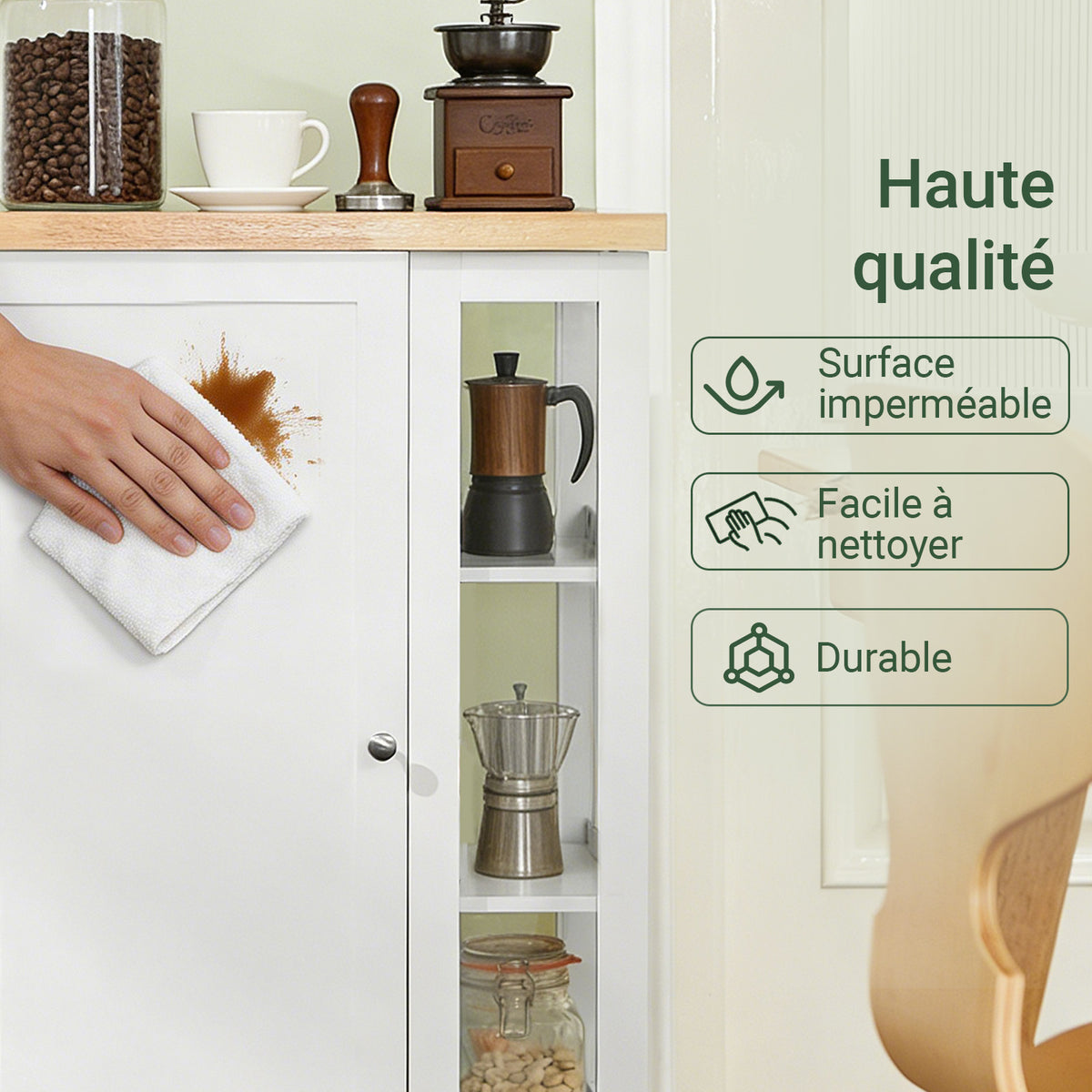 SoBuy FKW75-WN Desserte de Cuisine à Roulettes avec Placard et Étagère Latérale 3 Niveaux – Blanc/Naturel, 60 × 40 × 92 cm