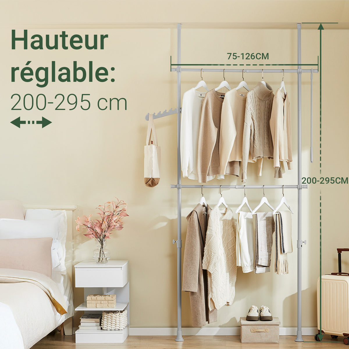 sobuyes.shopG109-II-HG Tringle à Vêtements Télescopique, Portant à Vêtements Robuste, Penderie Ouverte Réglable avec Barres de Suspension pour Chambre, Dressing, Gris