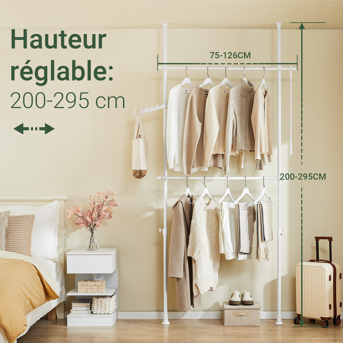 sobuyes.shopG109-II-W Tringle à Vêtements Télescopique, Portant à Vêtements Robuste, Penderie Ouverte Réglable avec Barres de Suspension pour Chambre, Dressing, Blanc