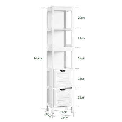 sobuyes.shopG126-W Colonne de Salle de Bain – 4 Étagères, 2 Tiroirs, Anti-Basculement, 30×30×144 cm, Blanc