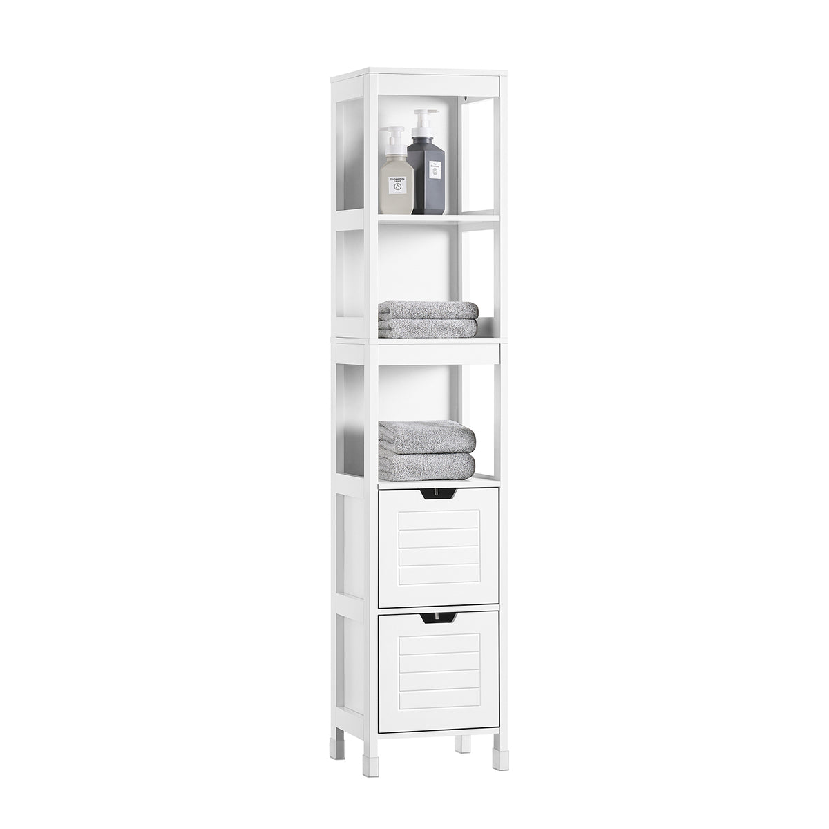 sobuyes.shopG126-W Colonne de Salle de Bain – 4 Étagères, 2 Tiroirs, Anti-Basculement, 30×30×144 cm, Blanc