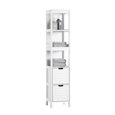 sobuyes.shopG126-W Colonne de Salle de Bain – 4 Étagères, 2 Tiroirs, Anti-Basculement, 30×30×144 cm, Blanc