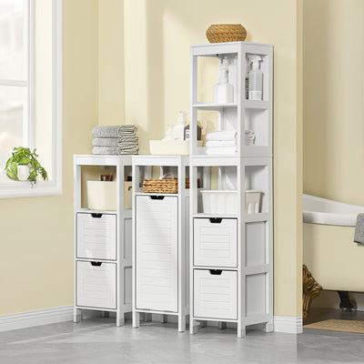 sobuyes.shopG126-W Colonne de Salle de Bain – 4 Étagères, 2 Tiroirs, Anti-Basculement, 30×30×144 cm, Blanc
