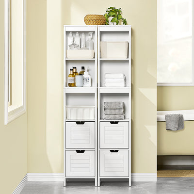sobuyes.shopG126-W Colonne de Salle de Bain – 4 Étagères, 2 Tiroirs, Anti-Basculement, 30×30×144 cm, Blanc