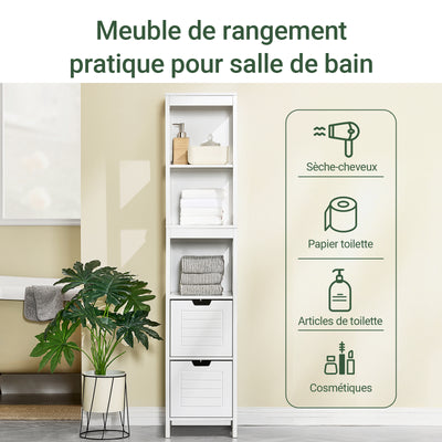sobuyes.shopG126-W Colonne de Salle de Bain – 4 Étagères, 2 Tiroirs, Anti-Basculement, 30×30×144 cm, Blanc