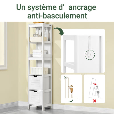 sobuyes.shopG126-W Colonne de Salle de Bain – 4 Étagères, 2 Tiroirs, Anti-Basculement, 30×30×144 cm, Blanc