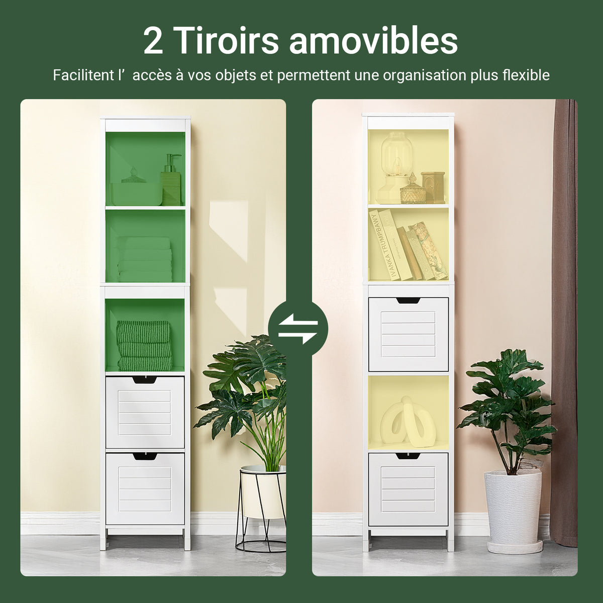 sobuyes.shopG126-W Colonne de Salle de Bain – 4 Étagères, 2 Tiroirs, Anti-Basculement, 30×30×144 cm, Blanc