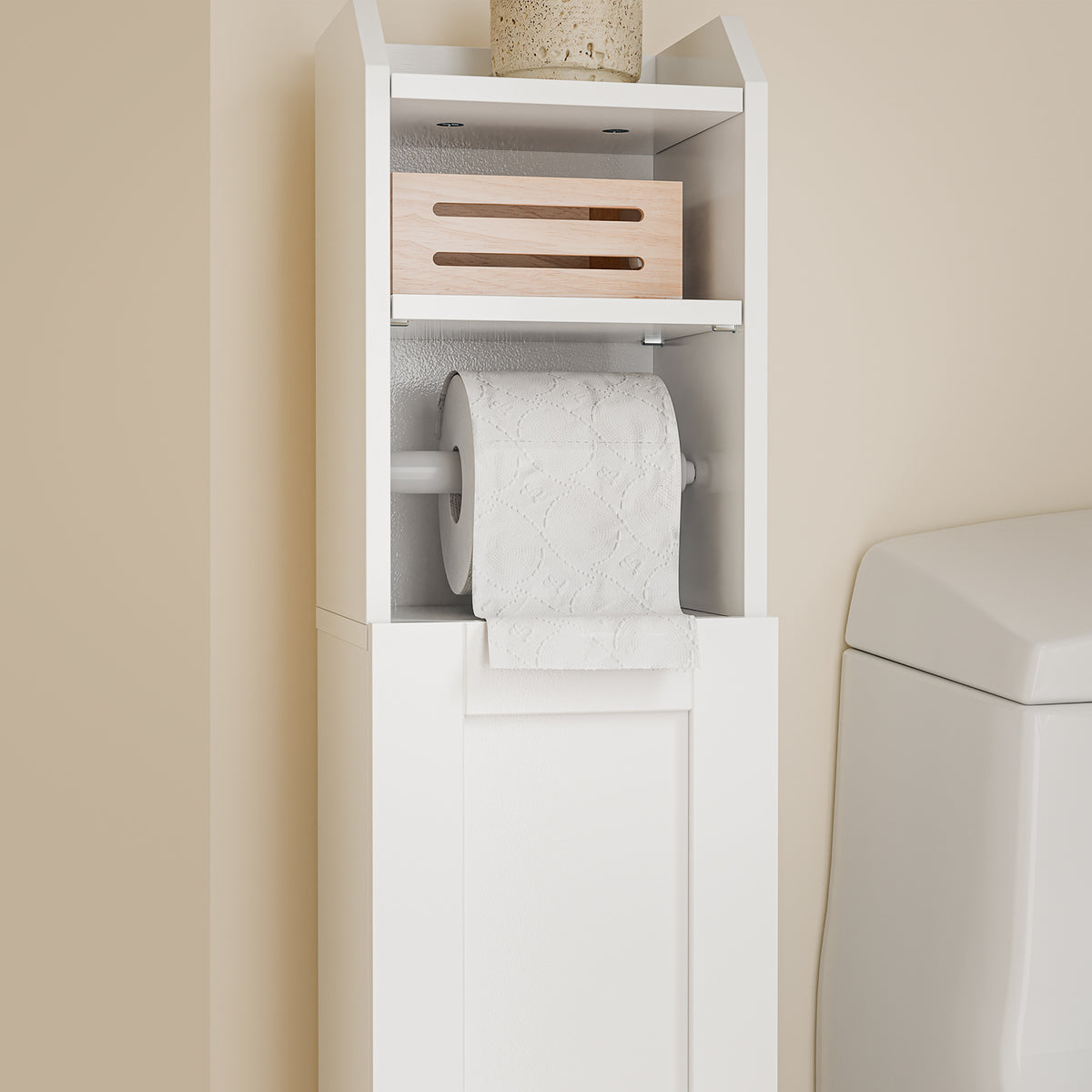 sobuyes.shopG177-II-W Meuble Salle de Bain 20 cm de Largeur sur Pied avec Support Papier et Porte - Petit Meuble WC Rangement Gain de Place Blanc