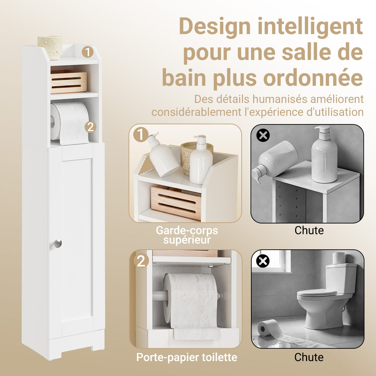 sobuyes.shopG177-II-W Meuble Salle de Bain 20 cm de Largeur sur Pied avec Support Papier et Porte - Petit Meuble WC Rangement Gain de Place Blanc