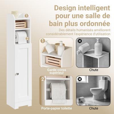 sobuyes.shopG177-II-W Meuble Salle de Bain 20 cm de Largeur sur Pied avec Support Papier et Porte - Petit Meuble WC Rangement Gain de Place Blanc