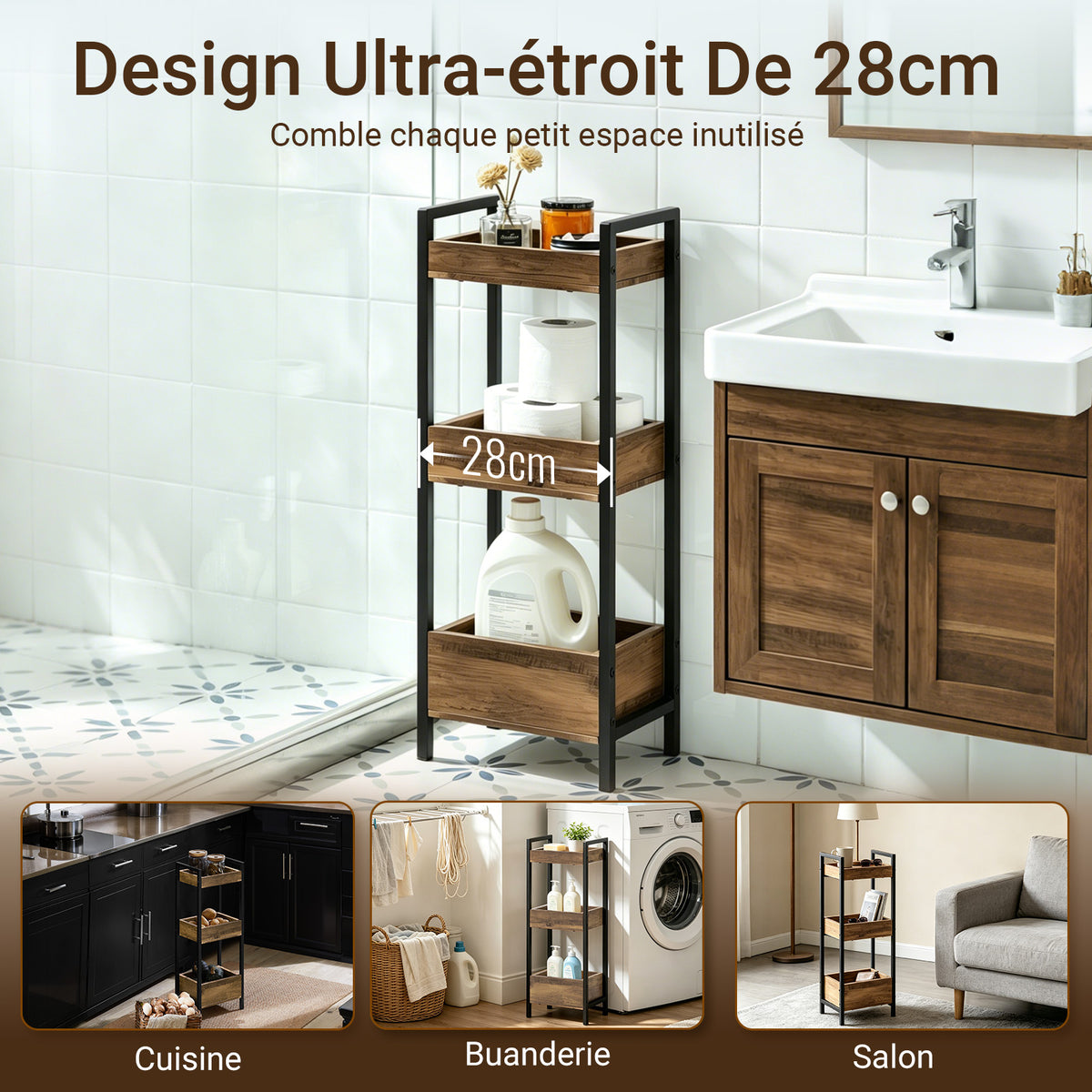 sobuyes.shopG226-F Meuble Salle de Bain Rangement avec 3 paniers - Rangement Serviteur de Douche Étagère de Stockage Salle de Bain Petit Meuble WC Rangement 28x20x74 cm