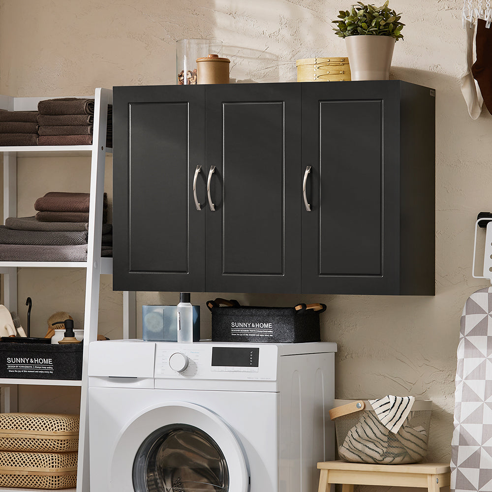 sobuyes.shopG231-L-SCH Meuble Haut Suspendu Noir 90 cm avec 3 Portes et Étagère Réglable – MDF E1, Charge 36 kg, Sangle Anti-Basculement