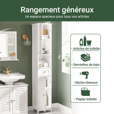 sobuyes.shopG236-W Colonne de Salle de Bain – 32 cm, 2 Portes Persiennes, Tiroir et Niche, Blanc