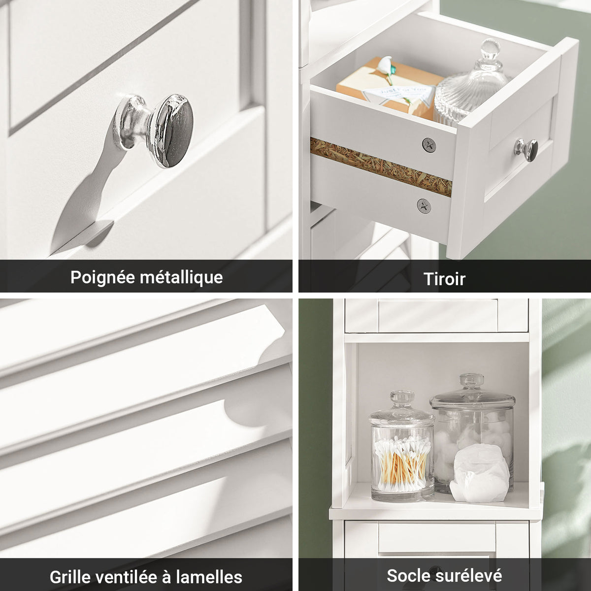 sobuyes.shopG236-W Colonne de Salle de Bain – 32 cm, 2 Portes Persiennes, Tiroir et Niche, Blanc