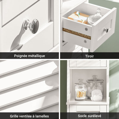 sobuyes.shopG236-W Colonne de Salle de Bain – 32 cm, 2 Portes Persiennes, Tiroir et Niche, Blanc