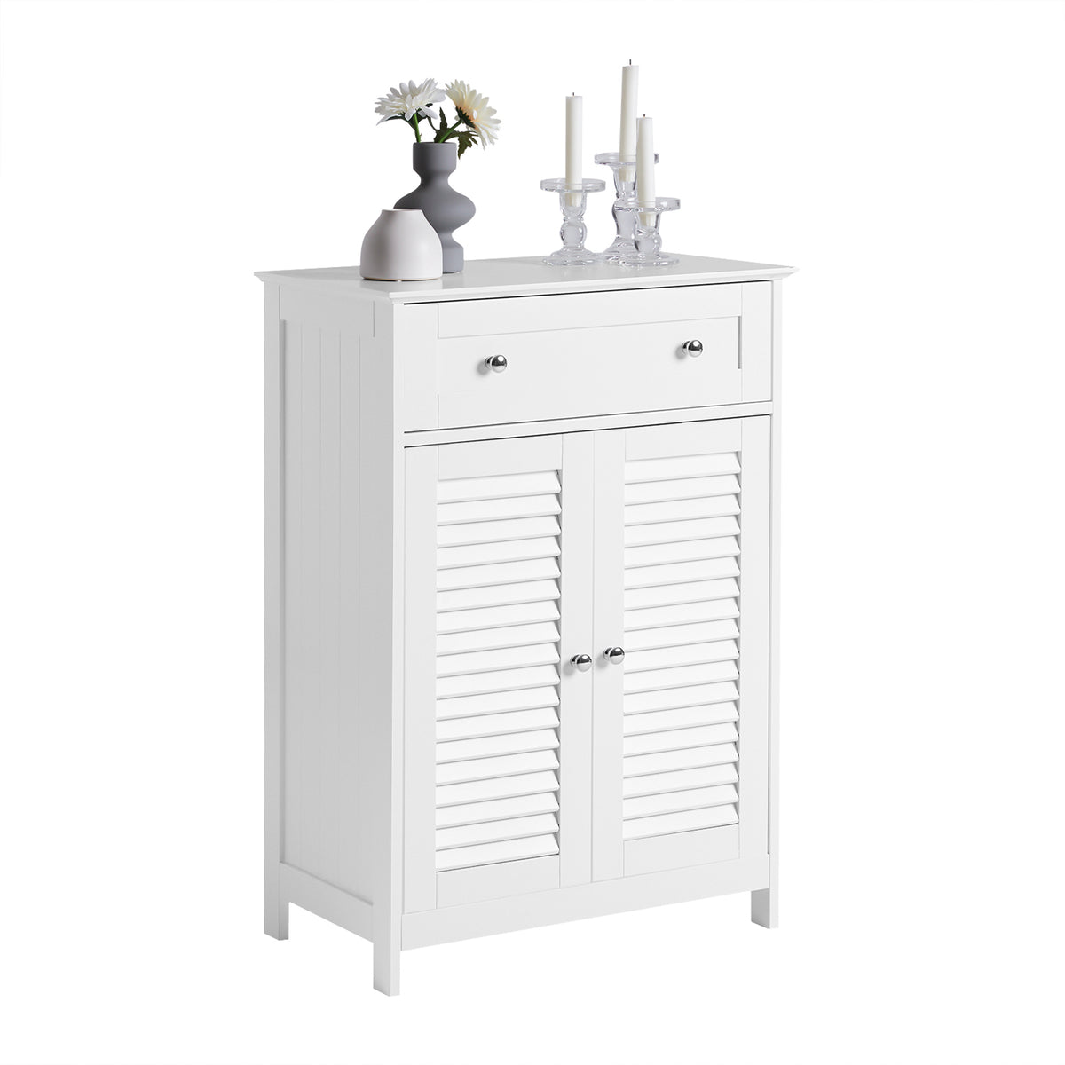 sobuyes.shopG238-W Meuble de Salle de Bain avec 2 Portes Persiennes – 1 Tiroir, Étagère Réglable, 60×35×87 cm, Blanc