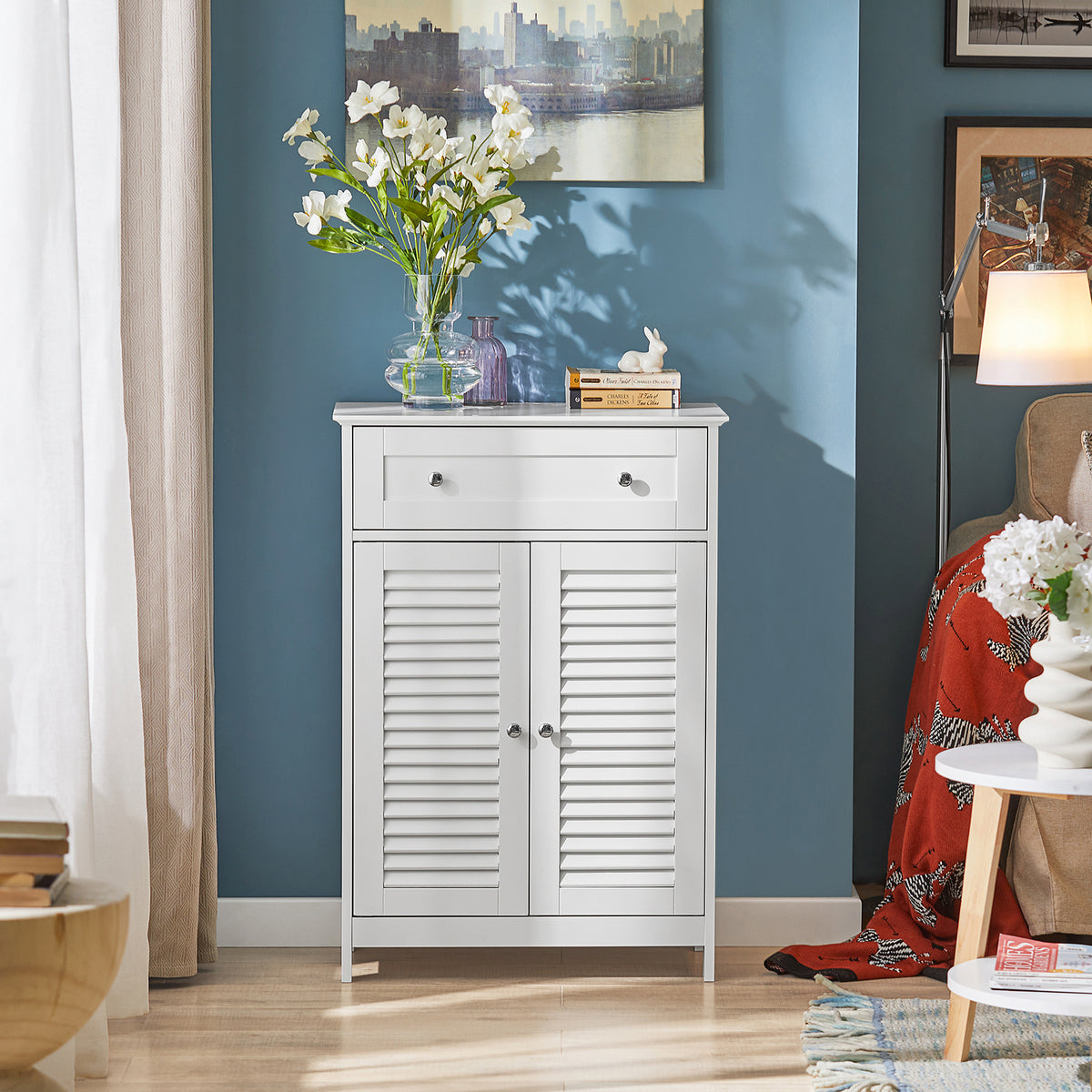sobuyes.shopG238-W Meuble de Salle de Bain avec 2 Portes Persiennes – 1 Tiroir, Étagère Réglable, 60×35×87 cm, Blanc