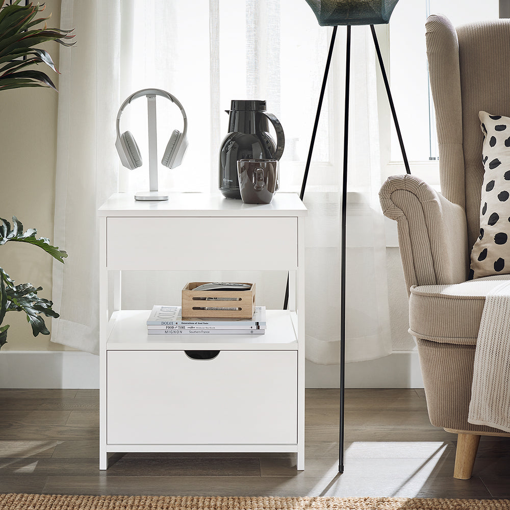 sobuyes.shopG258-II-W Table de Chevet avec 2 tiroirs et étagère, Table de Nuit pour Chambre à Coucher - Meuble de Rangement Moderne L45 x P38 x H55 cm Blanc
