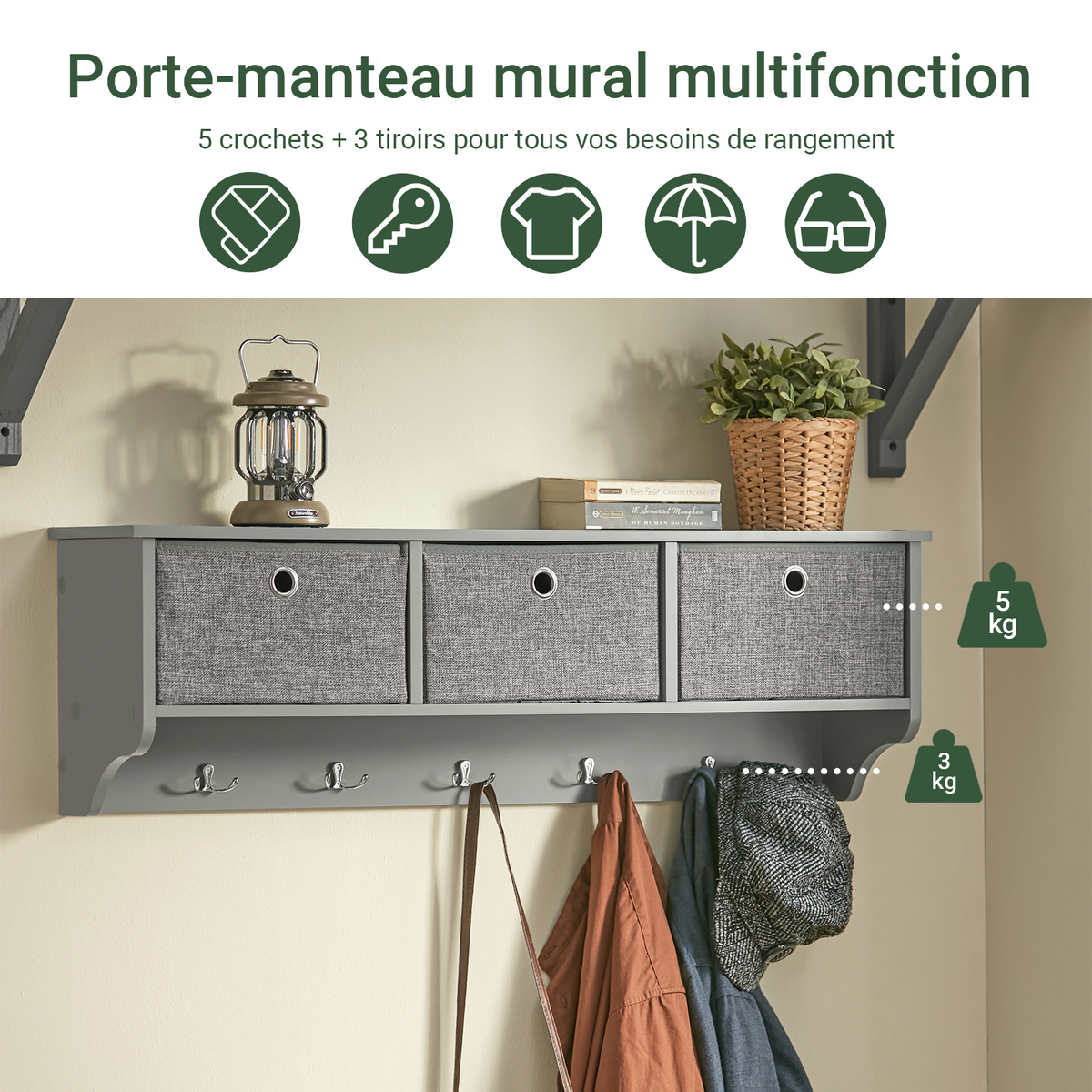sobuyes.shopG282-HG Porte-Manteau Mural avec 5 Crochets et 3 Paniers, pour Entrée et Couloir, Design Fonctionnel, Usage Quotidien – L100×P20×H30 cm, Bois, Gris