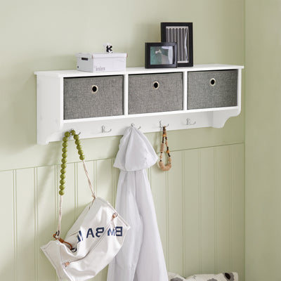 sobuyes.shopG282-W Porte-Manteau Mural avec 5 Crochets et 3 Paniers, pour Entrée et Couloir, Design Fonctionnel, Usage Quotidien – L100×P20×H30 cm, Bois, Blanc