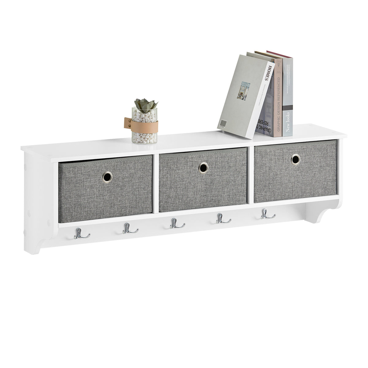 sobuyes.shopG282-W Porte Manteau Mural avec 5 Crochets et 3 Paniers - Porte Manteau Mural Bois, Meuble Entrée avec Étagère - Pend