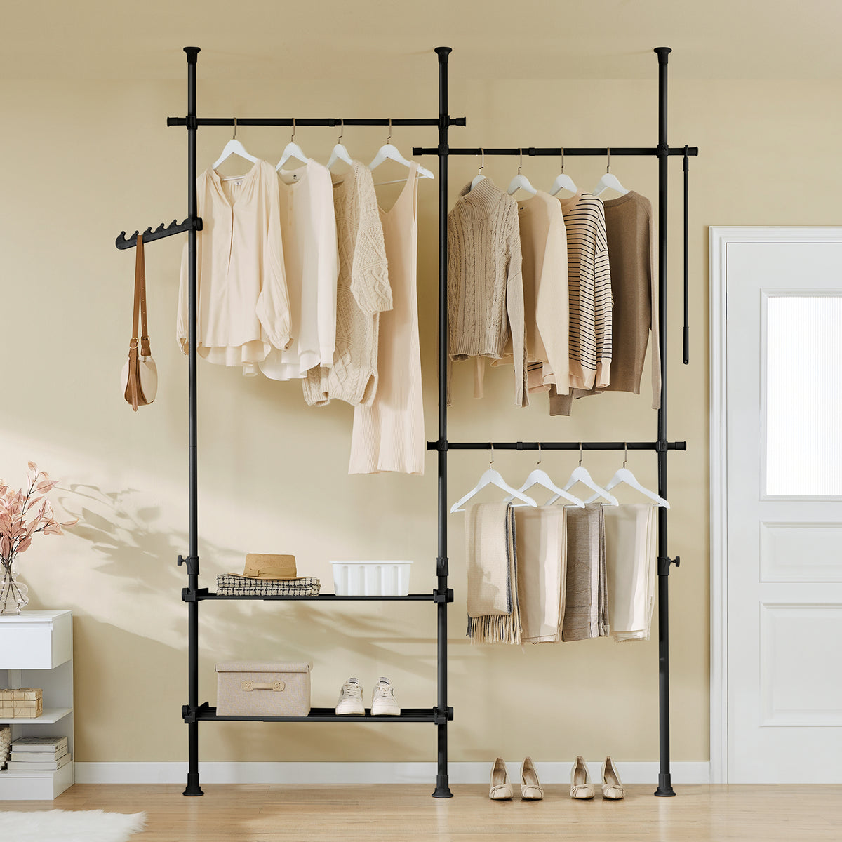 sobuyes.shopG34-II-SCH Dressing télescopique sans perçage 124–226 cm avec tringles et étagères – Penderie ouverte noire