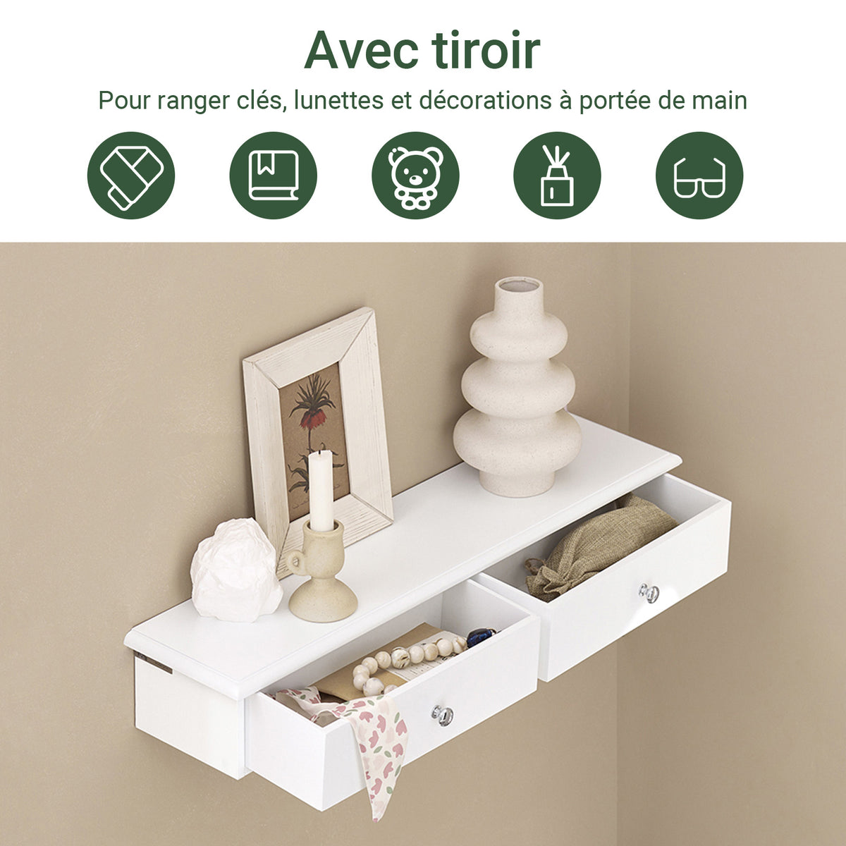 sobuyes.shopG43-W Etagere Murale avec 2 Tiroirs - Étagère Flottante Moderne pour Entrée, Salon, Cuisine & Chambre - Blanc 64x15x10cm
