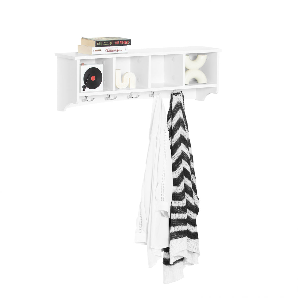 sobuyes.shopG48-L-W Portemanteau Étagère Murale Porte-Manteau Salle de Bain Meuble d’Entrée avec 4 Compartiments de Rangement Et 