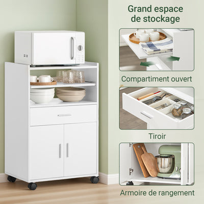 SoBuy FSB09-W Chariot de Cuisine sur Roulettes avec Plan de Travail Extensible – Meuble Micro-Ondes, 2 Étagères, Tiroir, Blanc, 40×59×92 cm