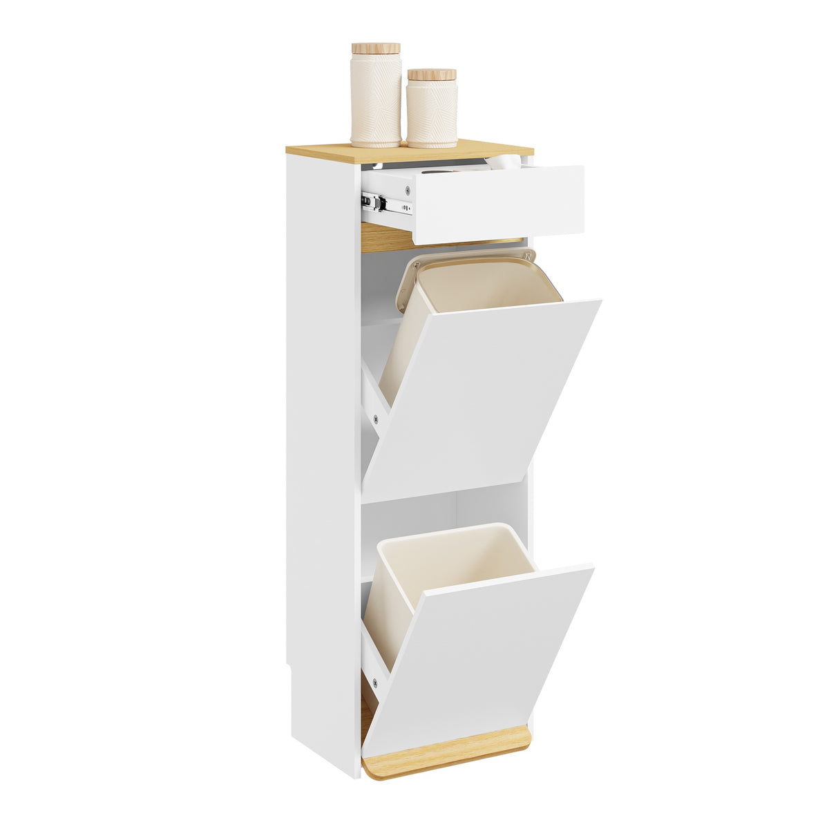 SoBuy FSB112-WN Meuble Poubelle 2 Compartiments avec Pédale et Tiroir – Rangement Blanc Aspect Chêne – 35×25×101,7 cm, Blanc et Chêne