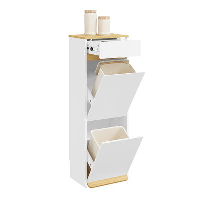 SoBuy FSB112-WN Meuble Poubelle 2 Compartiments avec Pédale et Tiroir – Rangement Blanc Aspect Chêne – 35×25×101,7 cm, Blanc et Chêne
