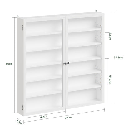 SoBuy FSB113-H-W Armoire Murale 2 Portes avec Porte Vitrée – Meuble Rangement Mural 5 Étagères Réglables, Étagère Suspendue Fine pour Salle de Bain, WC et Chambre – 80×12×80 cm, Charge 12 kg