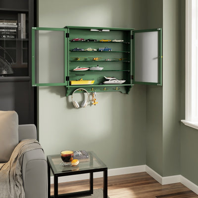 SoBuy FSB114-E-SY Armoire Murale Suspendue Peu Profonde avec Étagères en Verre – Vitrine Murale 2 Portes avec Crochets, Meuble de Rangement Mural en MDF – 68×13,5×68,5 cm, Charge 18 kg