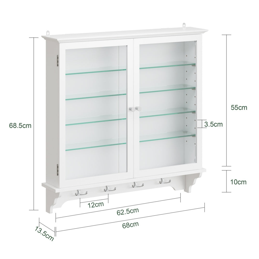 SoBuy FSB114-E-W Armoire Murale Suspendue Blanche 2 Portes Vitrées – Meuble de Rangement Peu Profond avec Éclairage LED pour Salle de Bain, Cuisine et Salon – 68×13,5×68,5 cm, Charge 18 kg