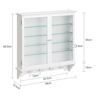 SoBuy FSB114-E-W Armoire Murale Suspendue Blanche 2 Portes Vitrées – Meuble de Rangement Peu Profond avec Éclairage LED pour Salle de Bain, Cuisine et Salon – 68×13,5×68,5 cm, Charge 18 kg