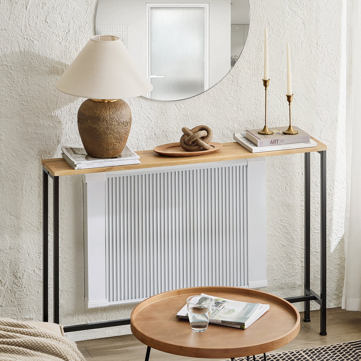 SoBuy FSB19-L-E Console Étroite 120 × 20 × 81 cm, Plateau MDF et Cadre Métallique – Effet Bois et Noir