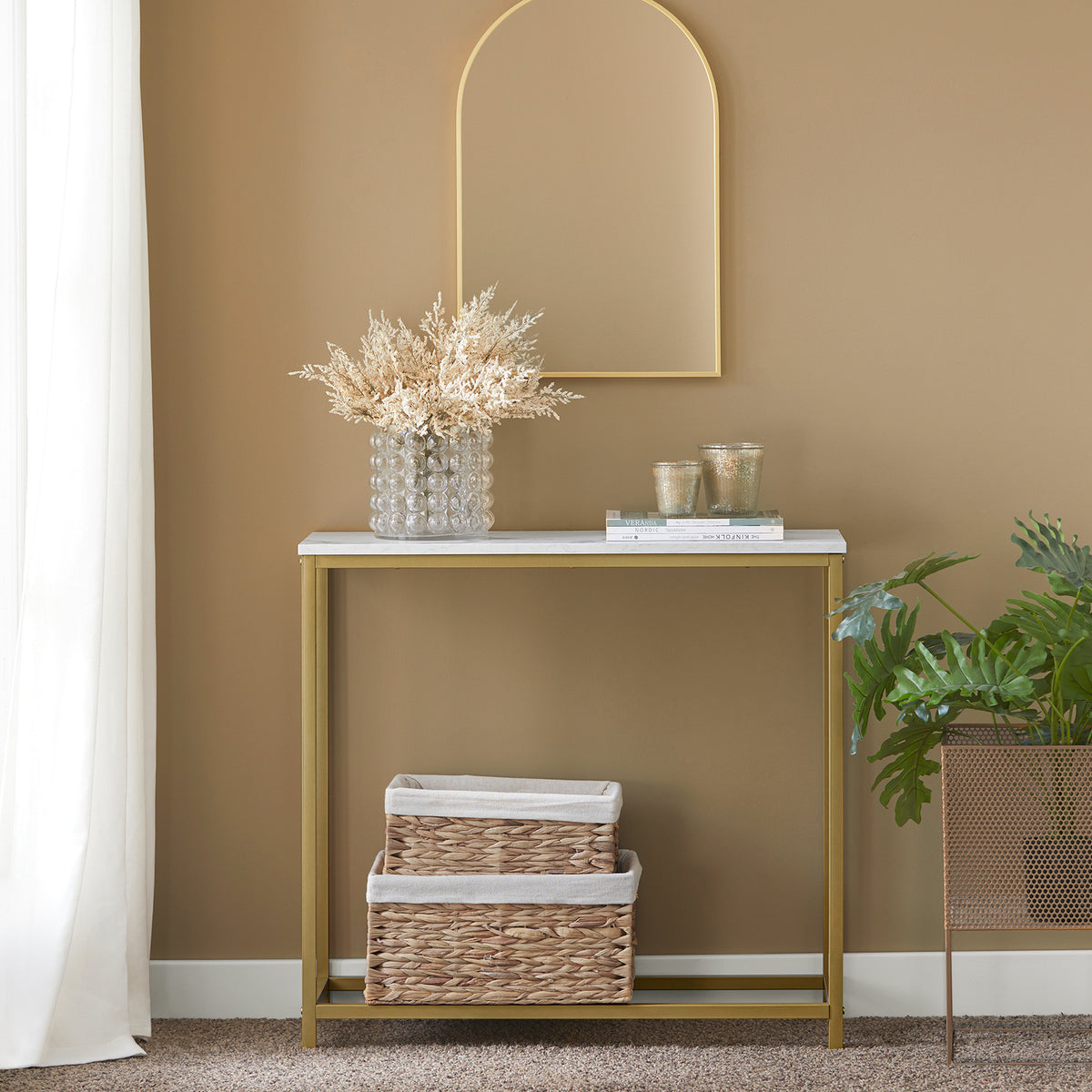 SoBuy FSB29-G Table Console Table d'Appoint Bout de Canapé Table d’Entrée Effet Marbre Cadre et 4 Pieds en Fer Haute Qualité – L80cm x P30cm x H75cm - Doré