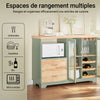 SoBuy FSB81-GR Buffet Cuisine 120cm, Niche Micro-Ondes, Casier 8 Bouteilles, Portes Vitrées, Plan Bois Massif – Vert Sauge