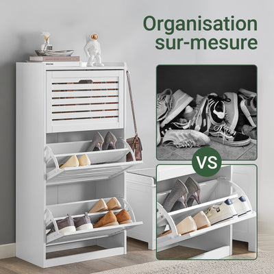 SoBuy FSR108-W Armoire à Chaussures 3 Abattants avec 2 Crochets et Porte-Manteau – 55×30×112 cm, 45 kg, MDF + Bambou, Blanc