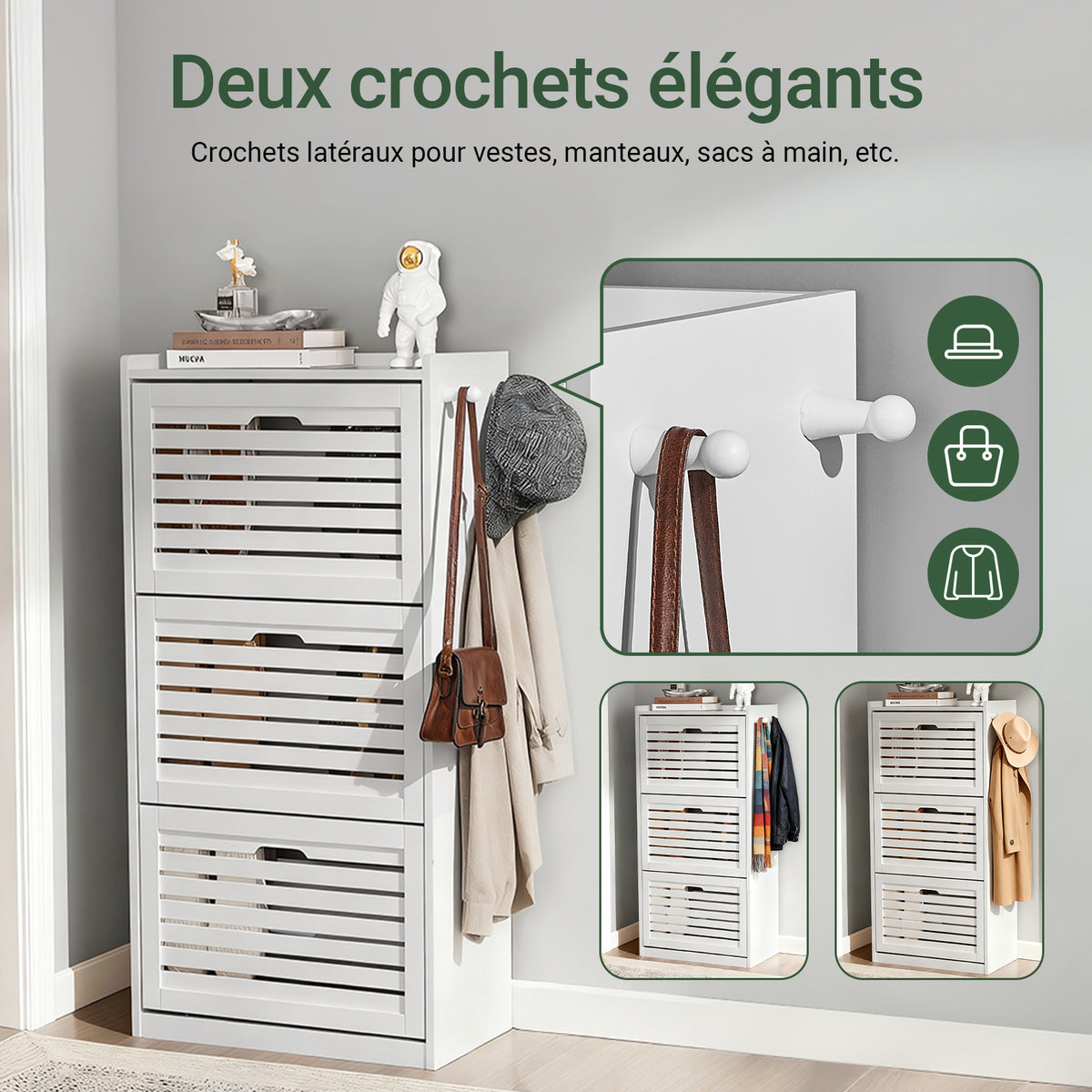 SoBuy FSR108-W Armoire à Chaussures 3 Abattants avec 2 Crochets et Porte-Manteau – 55×30×112 cm, 45 kg, MDF + Bambou, Blanc