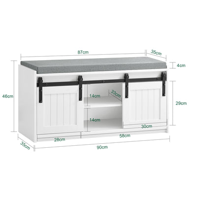 SoBuy FSR133-K-W Banc à Chaussures avec Coussin Rembourré, Porte de Grange Coulissante, 6 Compartiments Réglables, Charge 200 kg – 90x35x46 cm, Blanc