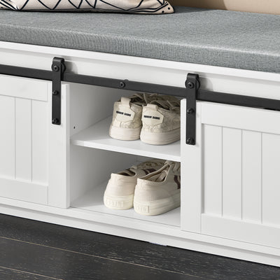 SoBuy FSR133-K-W Banc à Chaussures avec Coussin Rembourré, Porte de Grange Coulissante, 6 Compartiments Réglables, Charge 200 kg – 90x35x46 cm, Blanc