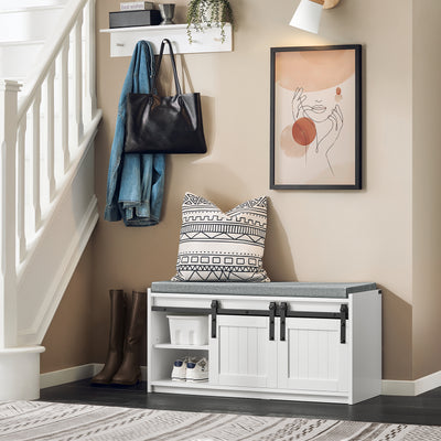 SoBuy FSR133-K-W Banc à Chaussures avec Coussin Rembourré, Porte de Grange Coulissante, 6 Compartiments Réglables, Charge 200 kg – 90x35x46 cm, Blanc