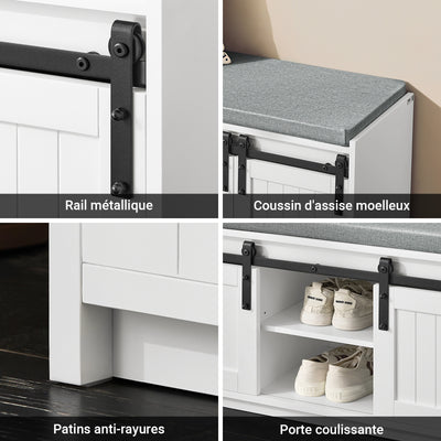 SoBuy FSR133-K-W Banc à Chaussures avec Coussin Rembourré, Porte de Grange Coulissante, 6 Compartiments Réglables, Charge 200 kg – 90x35x46 cm, Blanc