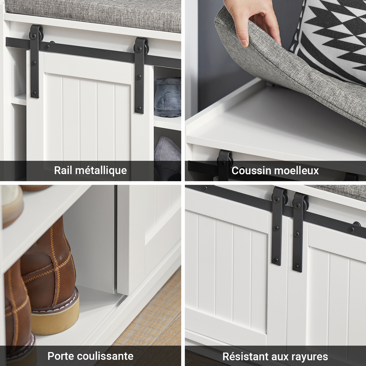 SoBuy FSR133-W Banc à Chaussures avec Porte de Grange Coulissante et 6 Compartiments pour Entrée – 120x35x45 cm, Blanc