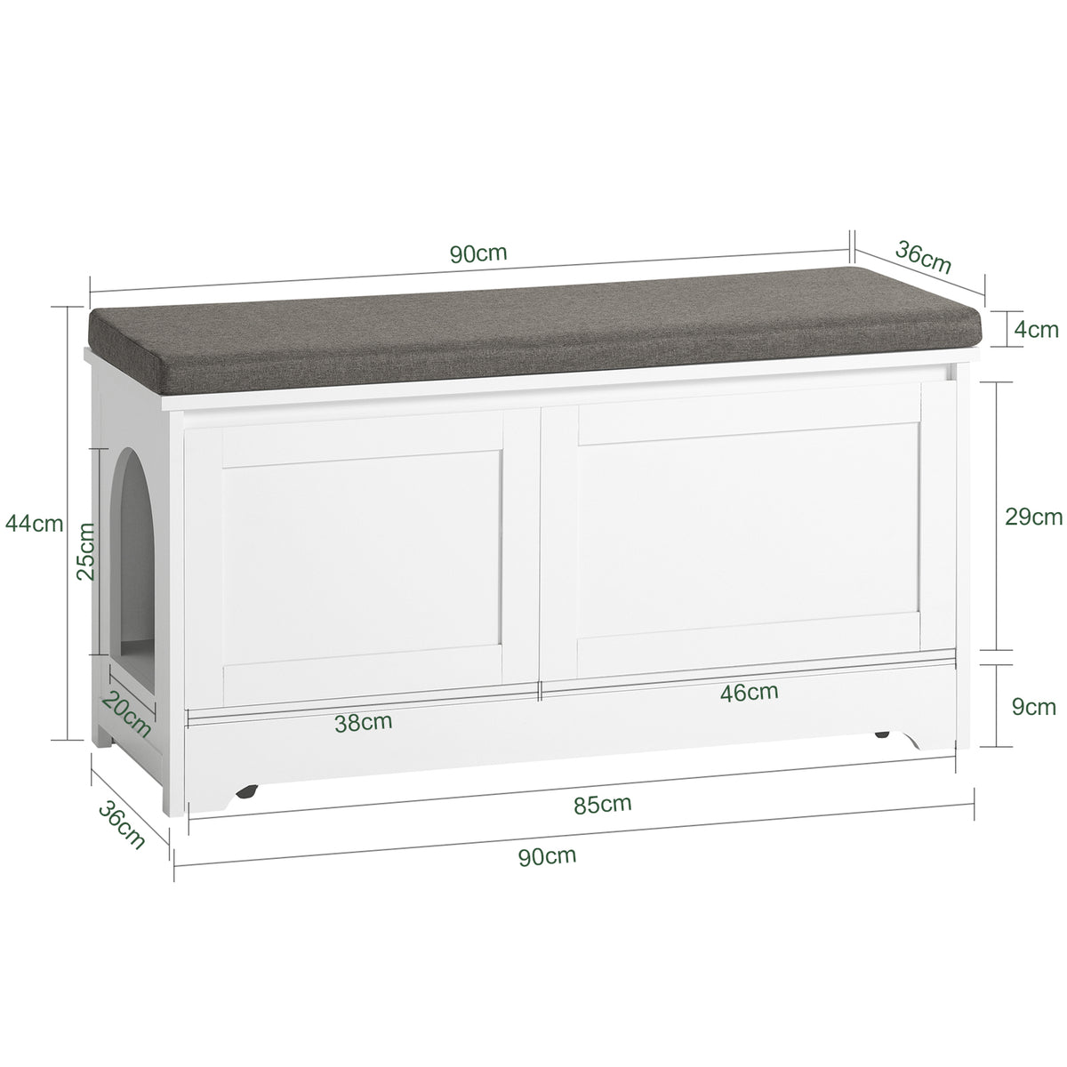 SoBuy FSR136-W Banc à Chaussures avec Coussin Rembourré, 2 Portes et Maison pour Chat Intégrée pour Entrée – 90x36x44 cm, Blanc