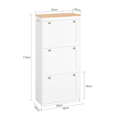 SoBuy FSR144-WN Armoire à Chaussures avec 3 Abattants et 2 Crochets – L59×P26×H116 cm, Charge 30 kg, Blanc et Naturel